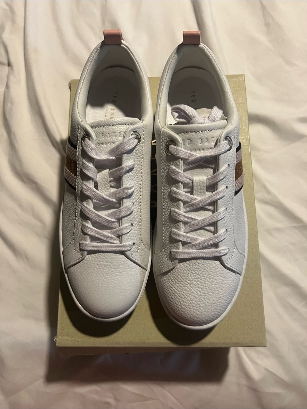 Ted Baker White Leather Sneakers with Pink and Brown Stripe Accents